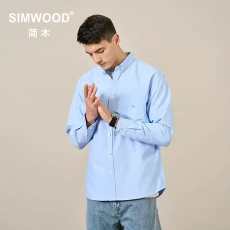 Simwood简木男装【宽松版型】新款牛津纺衬衣口袋绣花长袖衬衫 男商品大图