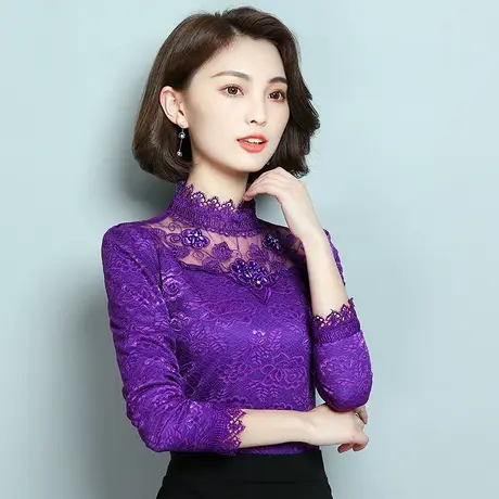 蕾丝打底衫女长袖T恤秋冬季新款胖mm大码蕾丝衫加绒保暖上衣 秋衣商品大图