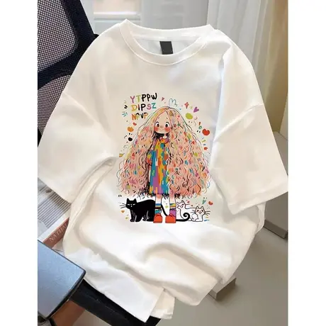 夏季落肩袖新款纯棉短袖T恤女白色卡通印花涂鸦女孩中长款半袖衣商品大图