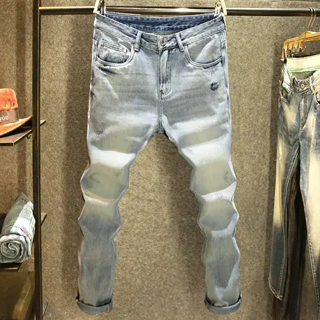 舒适百搭港风牛仔裤男款修身小直筒裤子男韩版潮流浅蓝色时尚长裤图片