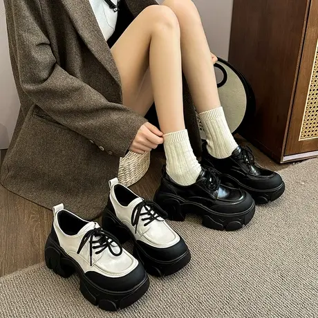 黑色厚底小皮鞋女2024春季新款百搭鞋子高跟单鞋系带英伦风乐福鞋商品大图
