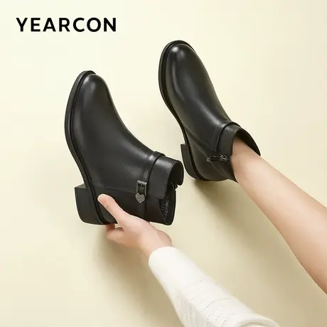 意尔康官方女士小短靴白真皮23秋冬季新款加绒保暖中年妈妈棉鞋子商品大图