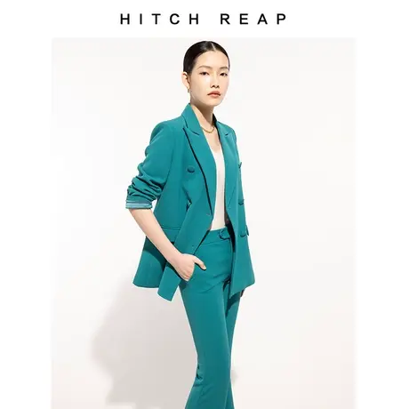 希区瑞普高端双排扣西装职业套装绿色秋冬女总裁名媛时尚西服长裤商品大图
