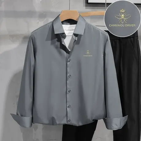 休闲衬衫男长袖春秋商务正装免烫抗皱灰色衬衣高级感潮流修身寸衫商品大图