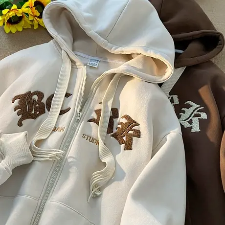 连帽卫衣男潮牌宽松春秋款休闲外套ins植绒字母抽绳帽衫夹克开衫商品大图