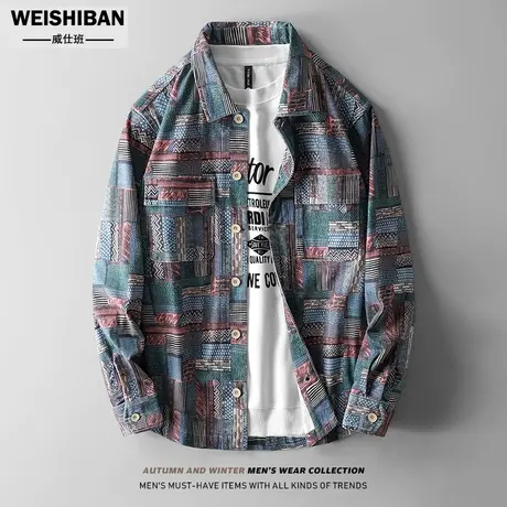 美式休闲复古老花长袖衬衫男外套复古印花翻领加厚休闲痞帅衬衣商品大图
