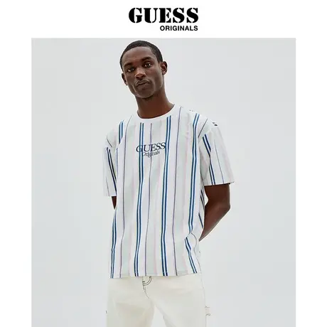 GUESS Originals男士宽松遮肉条纹圆领短袖T恤上衣-M2GH11KAAU1商品大图