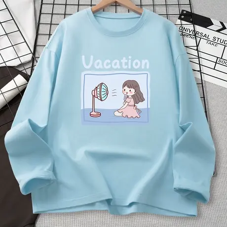 秋季长袖t恤女2023新款宽松纯棉上衣蓝色学生小个子设计感打底衫商品大图