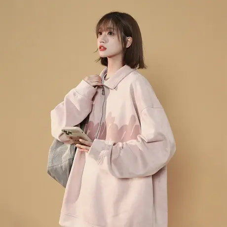 美式半高领卫衣女春秋2023新款潮牌印花复古宽松oversize无帽上衣商品大图