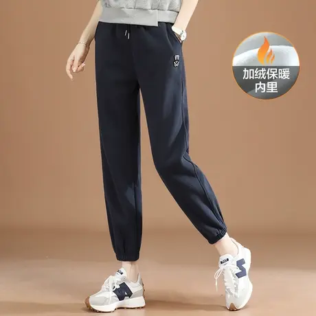 韩潮袭人松紧腰刺绣加绒运动裤女2023冬季新款哈伦休闲裤束脚卫裤图片