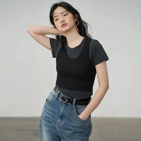 omont蛋挞家 复古假两件短袖t恤女2023新修身圆领体恤短款女上衣商品大图