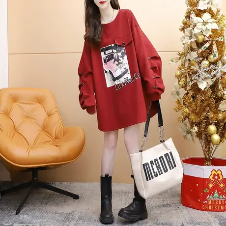 减10】设计感卫衣女中长款2023新款早秋洋气减龄宽松慵懒风上衣薄图片