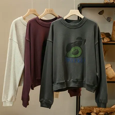 享永子长袖圆领T恤女宽松显瘦卫衣棉质印花上衣休闲2023秋季新款图片