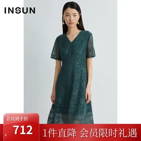 恩裳夏棉质时尚拼接下摆花边优雅鱼骨蕾丝连衣裙图片
