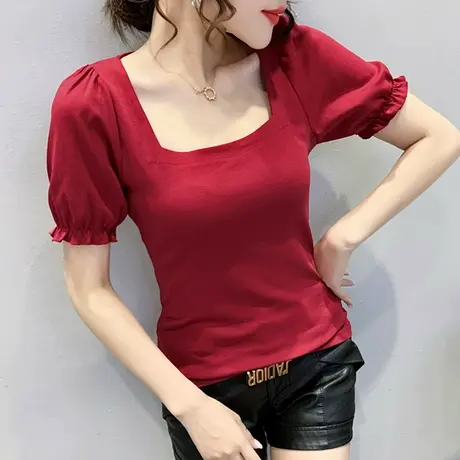 时尚泡泡袖T恤女短袖ins潮夏季洋气法式方领上衣修身显瘦半袖小衫商品大图