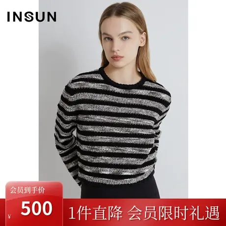 恩裳2023年春季新款百搭撞色条纹针织衫定纺花式纱线毛衣图片