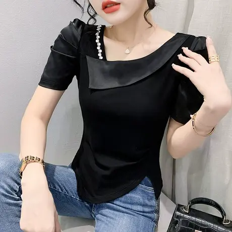 欧货泡泡袖上衣女2023新款时尚斜领小衫设计感小众开叉T恤短袖ins商品大图