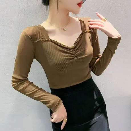 欧货时尚钉珠上衣女长袖2023秋季新款性感网纱打底衫修身百搭T恤商品大图