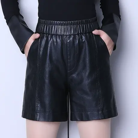 黑色PU皮短裤女秋冬2023新款松紧高腰阔腿皮裤显瘦百搭休闲靴裤子图片