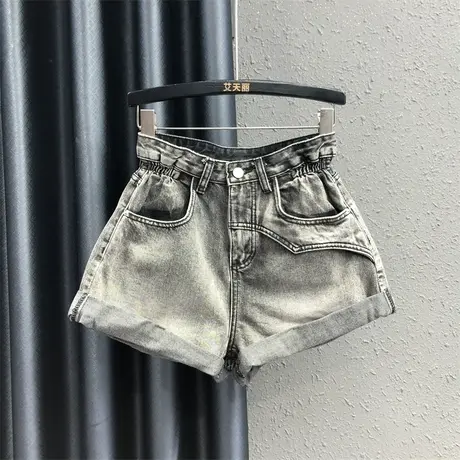 韩版复古烟灰牛仔短裤女2023夏季新款休闲百搭宽松显瘦A字阔腿裤商品大图