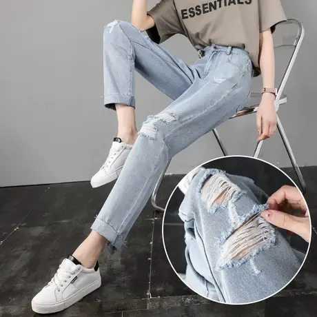 破洞牛仔裤女夏季薄款2023年新款显瘦直筒小个子九分萝卜老爹裤子图片