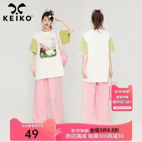 KEIKO 夏日小清新印花短袖t恤女多巴胺穿搭宽松纯棉圆领半袖上衣图片