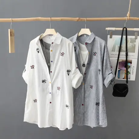文艺刺绣长袖衬衫女中长款百搭休闲衬衣秋装新款小众条纹打底上衣商品大图