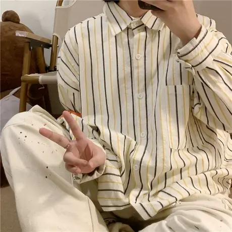 红续日系复古条纹衬衫外套女2023年秋冬新款宽松翻领衬衣小个子潮图片