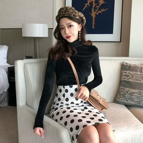 高领金丝绒春秋冬加绒加厚黑色打底衫女百搭内搭洋气长袖保暖上衣商品大图