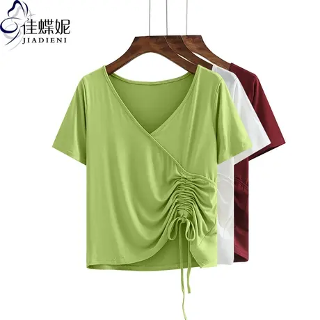 夏季韩版V领修身短袖抽绳大码纯色女装上衣T恤网红同款牛油果绿色商品大图