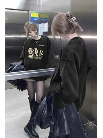 圆领卫衣女春秋薄款小众美式复古做旧高级感宽松慵懒风无帽上衣潮商品大图