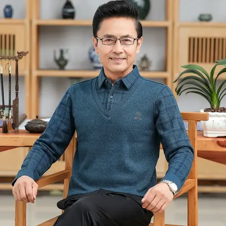 假两件毛衣男士加绒加厚保暖内搭款爸爸装中老年人冬季针织打底衫商品大图