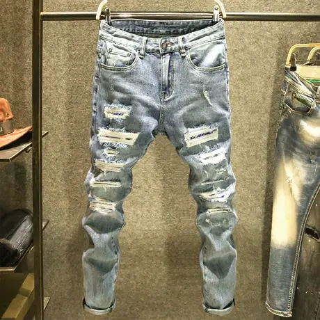 时尚潮流补丁牛仔裤男弹力修身小脚裤春季男士潮牌破洞百搭乞丐裤商品大图