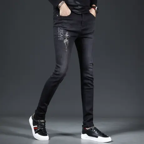 高端烫钻牛仔裤男秋季2023新款修身小脚黑色时尚潮牌男士裤子弹力商品大图