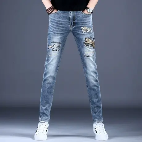 秋款男裤刺绣牛仔裤男款修身小脚裤子男2023新款休闲韩版潮流潮牌图片