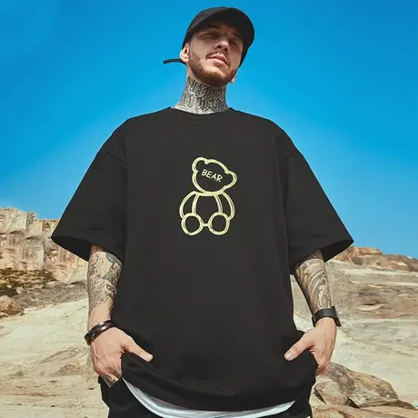 oversize欧美潮牌小熊国潮简约宽松短袖T恤潮流ins半袖夏大码男装商品大图
