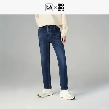 HLA/海澜之家panda wowo熊猫蓝牛仔裤秋冬季猫须工艺时尚裤子男图片