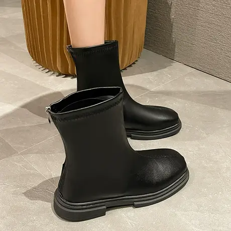 英伦复古方头马丁靴女短靴2023秋冬新款韩国袜靴弹力靴软底瘦瘦靴图片