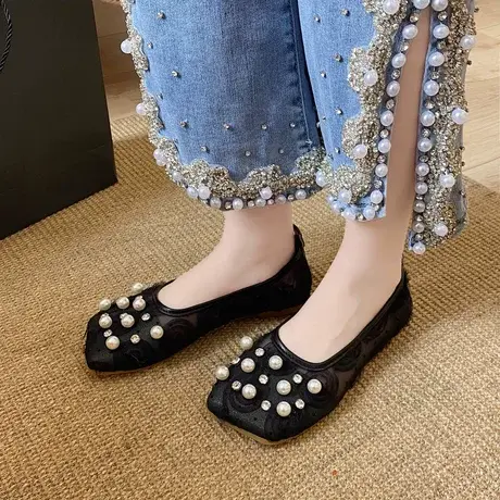 2023透气平底女单鞋新款晚晚风时尚豆豆鞋珍珠网纱方头平底鞋女秋商品大图