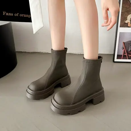 小香厚底白圆头时装靴鞋子女新款2023爆款夏薄款西部时装瘦瘦短靴图片