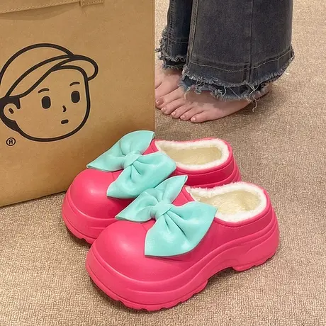 蝴蝶结棉拖鞋女冬季加绒保暖室内居家厚底增高防滑防水半包跟棉鞋商品大图