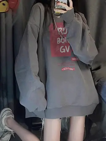 大码卫衣女春秋款小众美式复古小个子宽松加绒加厚上衣胖mm200斤商品大图