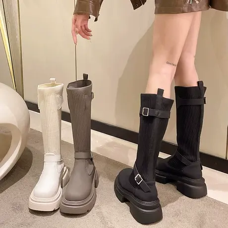 不过膝长筒靴女2023新款秋季弹力袜瘦瘦靴小个子厚底高筒骑士靴子商品大图