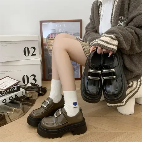 乐福鞋女2024春秋季新款一脚蹬厚底单鞋配裙子jk英伦风粗跟小皮鞋图片