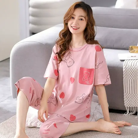 婷美纯棉睡衣女夏季短袖七分裤圆领薄款夏天甜美ins风套装家居服商品大图