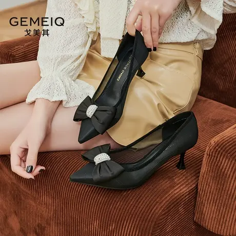 戈美其尖头浅口蝴蝶结细跟单鞋女2023春季新款网纱透气休闲高跟鞋图片