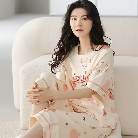 南极人睡衣女士春秋夏季纯棉短袖薄款家居服套装2023年新款可外穿商品大图