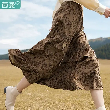 茵曼旗舰店灯芯绒半身裙女2023年新款秋装不规则裙子法式蛋糕长裙图片
