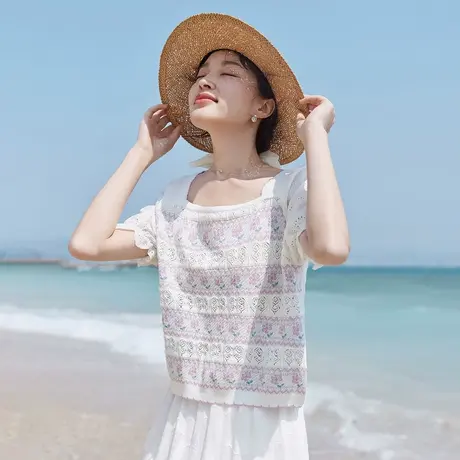 茵曼拼接花朵镂空泡泡袖针织衫2023夏女装新款方领宽松短款上衣图片