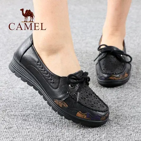 Camel/骆驼女鞋夏季网眼透气坡跟真牛皮舒适休闲中年口妈妈凉鞋子图片